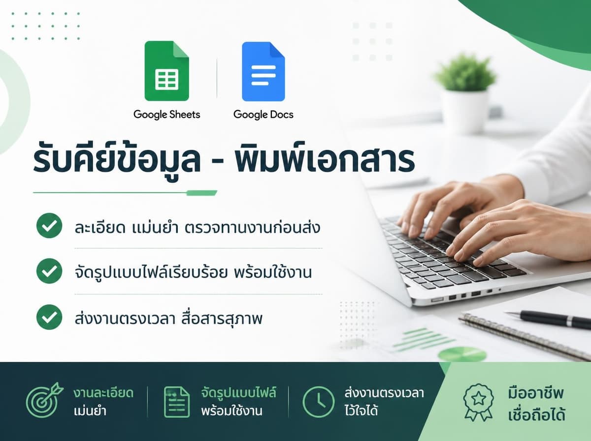 รับคีย์ข้อมูล พิมพ์เอกสาร Google Sheets / Google Docs ละเอียด รอบคอบ ตรงเวลา